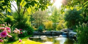 Tranquil garden with lush greenery and calming water feature.