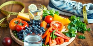 Healthy meal with fruits, vegetables, and water on table.