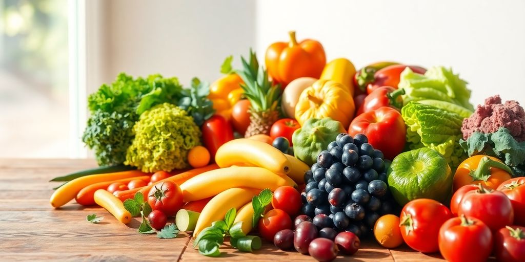 Fresh fruits and vegetables on a wooden table.