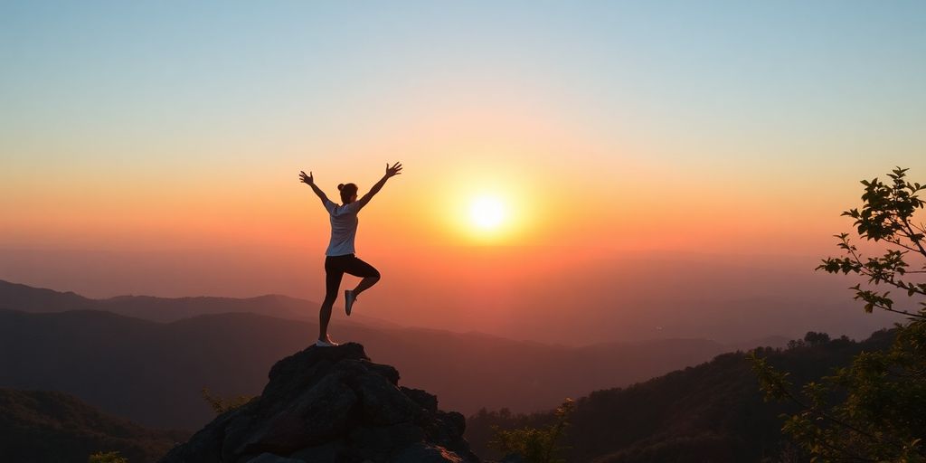 Person stretching at sunrise on a mountain peak.