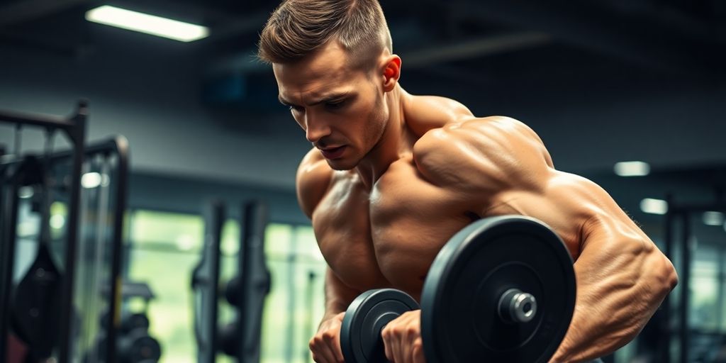 Athlete exercising with weights in a gym.