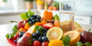 Colorful fruits and vegetables on a plate in a kitchen.