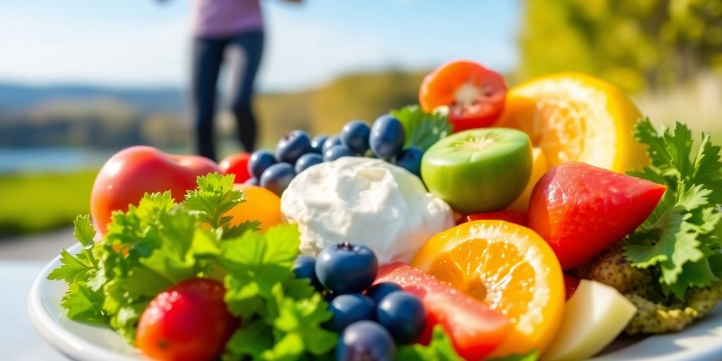 Healthy food and an active person jogging outdoors.